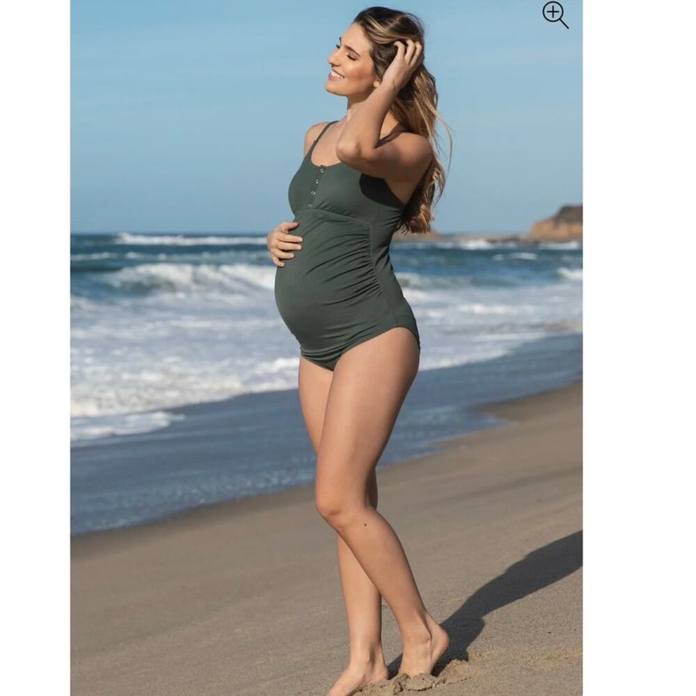 PinkBlush NWT Green Ribbed Snap Front One-Piece Maternity Swimsuit size Small